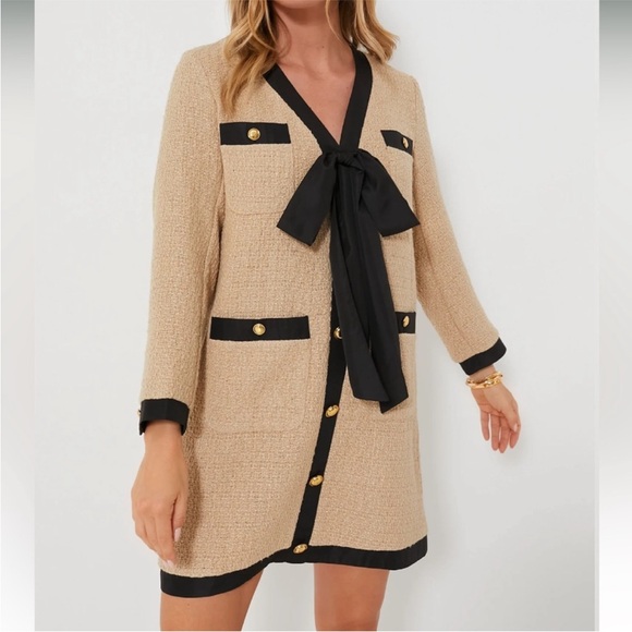 Tuckernuck Pomander Place Tan Coco Tweed Bow Dress Medium - Picture 4 of 13